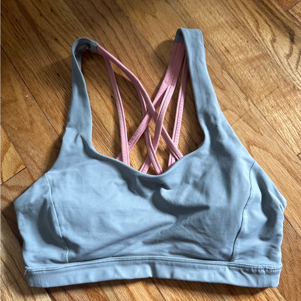 Lululemon Free To Be Serene Rhino Gray and Pink Strappy Sports Bra 4